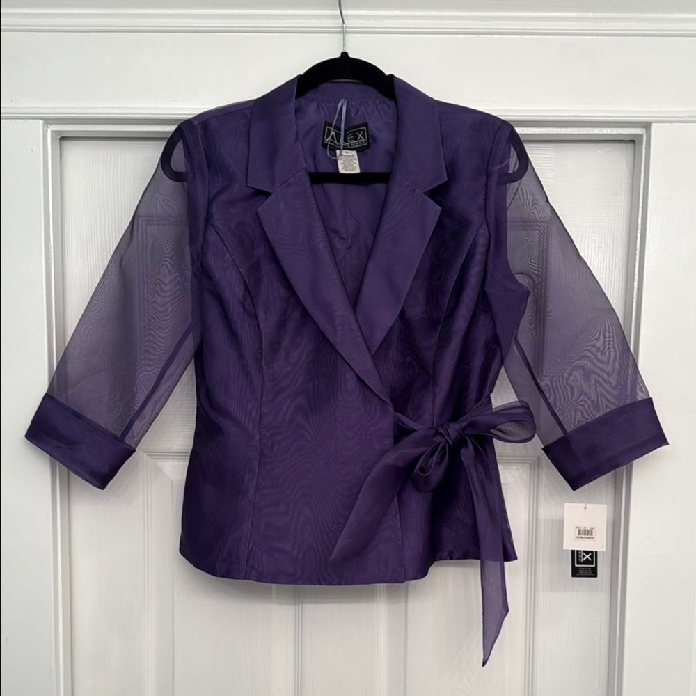 ALEX EVENINGS Purple Sheer Sleeve Blazer with Bow